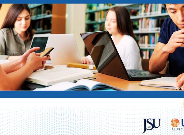 Image shows a group of students in a library with laptops and books, studying together with obscured faces. Below that picture are the logos of JSU and UIFCW24.